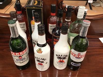 Lot 109 - Group of spirits, including four bottles of Southern Comfort, one Jack Daniels, one Bacardi, one Dark Mischief rum, four Malibu and two Pernod (13)