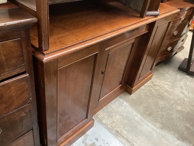 Lot 1329 - Victorian mahogany sideboard with raised ledge back, central frieze drawer with three panelled doors below housing shelves, slides and drawers, 152cm wide, 55cm deep, 121cm high