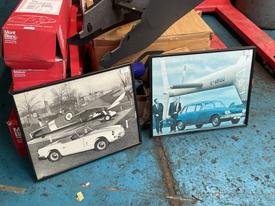 Lot 227 - Set of four British Leyland era framed photographs of cars including a Rover P6 Rally car, Jaguar and Triumph models (4)