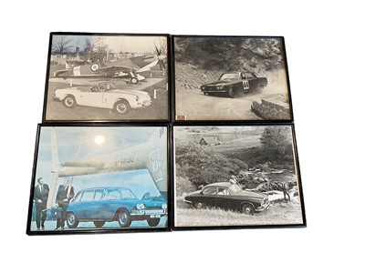 Lot 152 - Set of four British Leyland era framed photographs of cars including a Rover P6 Rally car, Jaguar and Triumph models (4)