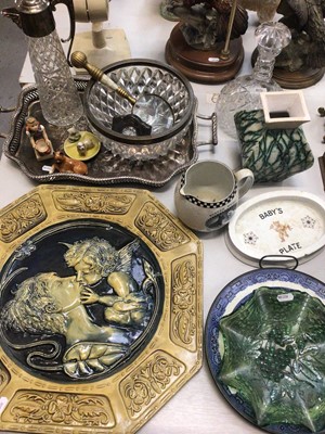 Lot 429 - Shelley baby's plate, West German figure and dog ornament, other ceramics and glass, silver plated tray, glass bowl and decanter both with plated mounts and a silver R. Carr bedside clock