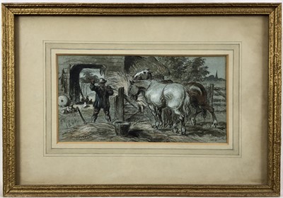 Lot 189 - Attributed to John Gilbert (1817-1897), watercolour and body colour on blue paper, horses being fed, signed with initials and dated 1862