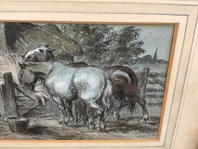 Lot 189 - Attributed to John Gilbert (1817-1897), watercolour and body colour on blue paper, horses being fed, signed with initials and dated 1862