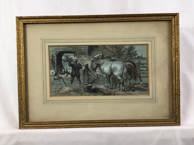 Lot 189 - Attributed to John Gilbert (1817-1897), watercolour and body colour on blue paper, horses being fed, signed with initials and dated 1862