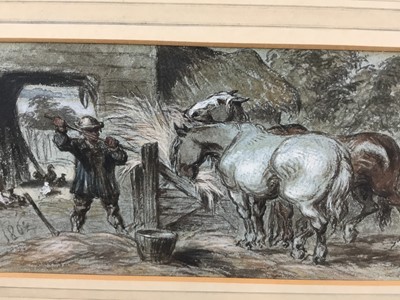 Lot 189 - Attributed to John Gilbert (1817-1897), watercolour and body colour on blue paper, horses being fed, signed with initials and dated 1862