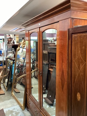 Lot 1342 - Good quality Edwardian inlaid mahogany double wardrobe with two mirrored doors and two drawers below, 167.5cm wide, 58.5cm deep, 216.5cm high