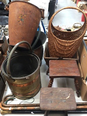 Lot 433 - Antique leather fire bucket with the remnants of a transfer printed coat of arms, other buckets, coat scuttle, wicker basket, two small wooden stools and a selection of walking sticks/canes