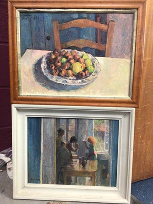 Lot 435 - Two Angela Waterlow oils on board- kitchen scene, signed and dated 1974 and still life of fruit bowl, signed and dated 1971, both framed with labels to reverse