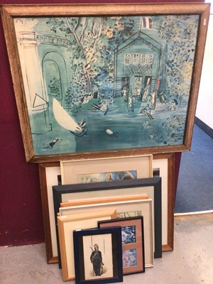 Lot 436 - Large Raoul Dufy print, L. M. Owtram watercolour boat on woodland lake, together with other pictures and prints