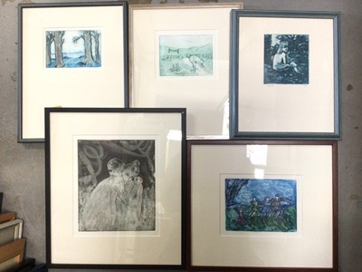 Lot 437 - Five etchings/ prints depicting people and rural scenes, all in glazed frames