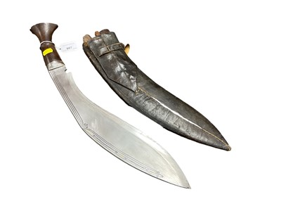 Lot 807 - Large old Nepalese Kukri with inscribed blade in leather covered sheath, 53.5cm overall