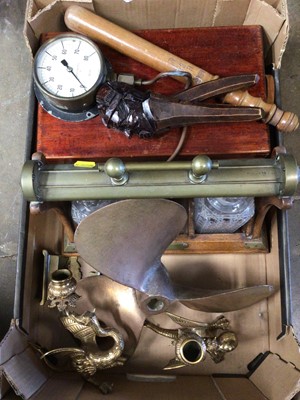 Lot 188 - Box of sundries, including a propeller, pair of brass serpent candlesticks, a treen nutcracker, truncheon, oak tantalus, etc
