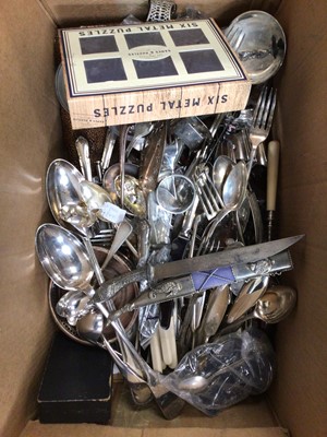 Lot 189 - Five boxes of sundries, including silver plate, wooden boxes, brassware, ornaments, etc