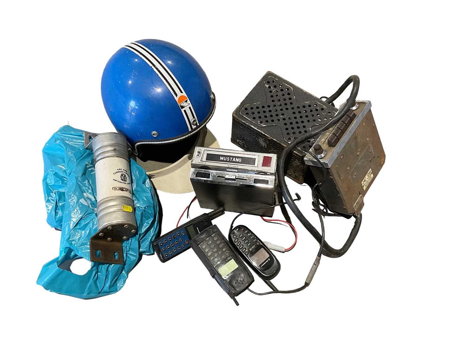 Lot 114 - Collection of mixed automobilia to include a Mustang branded radio, other car radios and a crah helmet. (1 box)