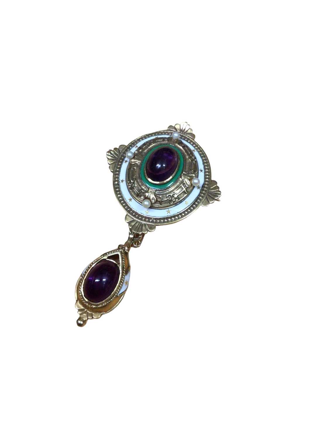 Lot 103 - Victorian style renaissance design 9ct gold amethyst, pearl and enamel brooch with further suspending pendant