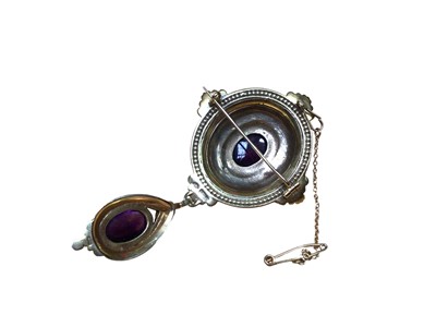 Lot 103 - Victorian style renaissance design 9ct gold amethyst, pearl and enamel brooch with further suspending pendant