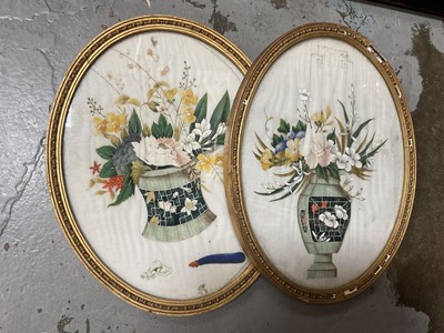 Lot 214 - Pair of 19th century Chinese paintings on rice paper depicting vases of flowers, oval glazed frames, 28cm high, together with three Chinese carved hardwood stands