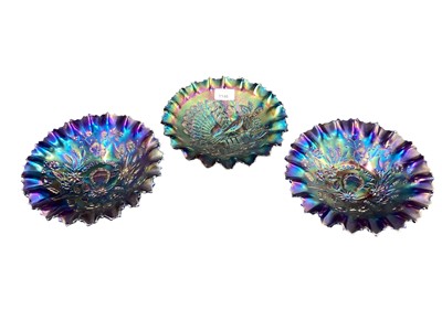 Lot 1146 - American electric blue carnival glass dish and two other carnival glass dishes (3)