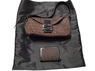 Lot 2151 - Fendi black and brown leather and canvas handbag with matching purse.