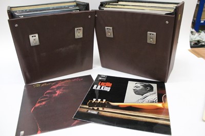 Lot 2227 - Two vintage brown cases of LP records including Freddy King, B. B. King, The Byrds, Robert Johnson, Eric Clapton, Lightnin' Hopkins, Jimi Hendrix, John Lee Hooker, Gaslight Anthem and Billie Jo Spe...