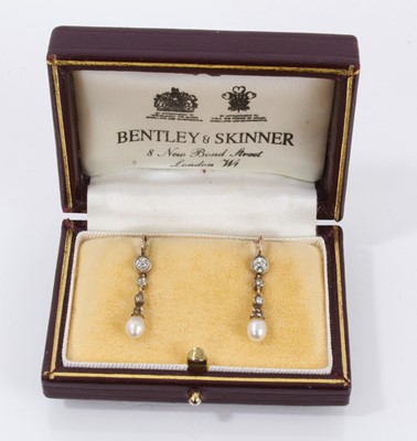 Lot 741 - Pair of diamond and pearl drop earrings