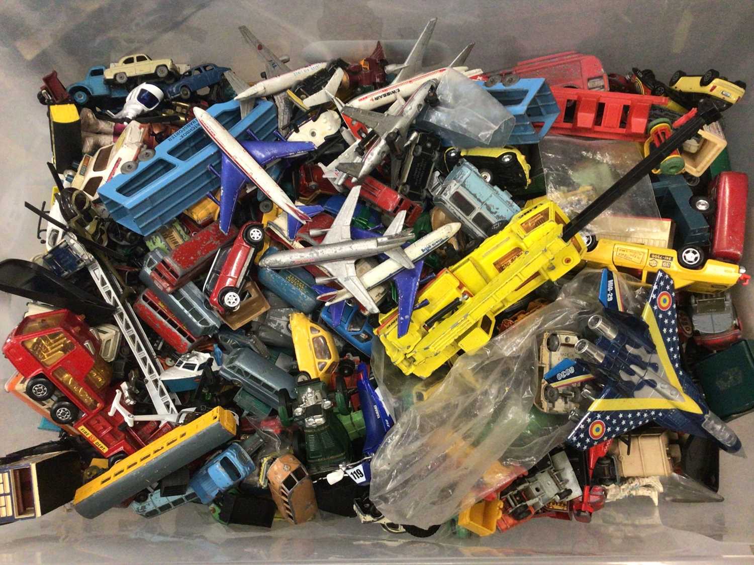 Lot 443 - Large quantity of Lesney, Dinky, Matchbox and other toys cars, vehicles, planes etc, remote control car and other toys (5 boxes)