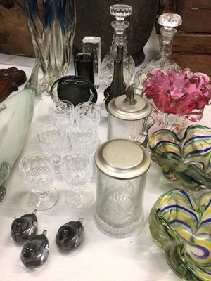 Lot 445 - Set of six Waterford Crystal Colleen pattern sherry glasses, together with art glass dishes, coloured glass, decanters etc