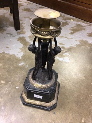 Lot 714 - Decorative brass candle stick with three cast lady figures and stone plinth, 44 cm high