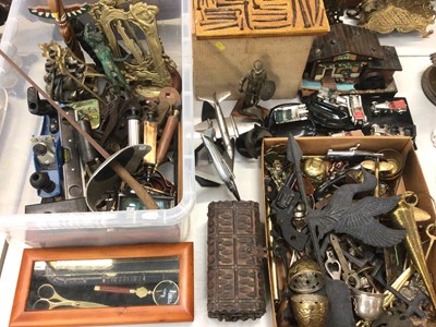 Lot 448 - Group of metal ware, brass photograph frames, various hand tools, fencing sword, ornaments and sundries