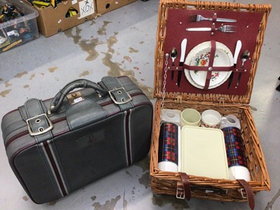 Lot 456 - Vintage suitcase with Omega logo, together with a wicker picnic hamper