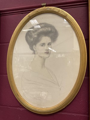 Lot 357 - Charles Prosper Sainton (1861-1914) pencil and watercolour wash - portrait of an elegant Edwardian lady, in original oval gilt frame