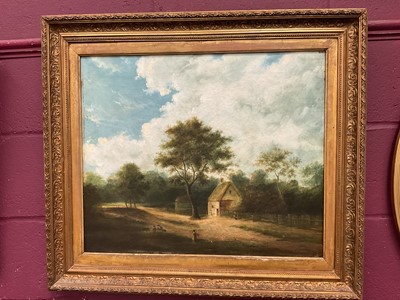 Lot 296 - 19th century English School oil on canvas in gilt frame - rural landscape with figures before a cottage.