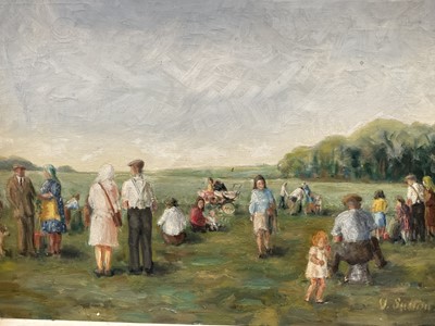 Lot 362 - Vera M. Sutton - oil on canvas - rural landscape with figures, titled 'Pea pickers'