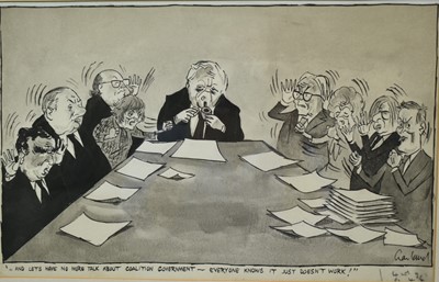 Lot 1237 - *Nicholas Garland (b.1935) 1970s pen and ink political cartoon, Coalition Government, signed and titled, 23.5cm x 37cm, in glazed frame