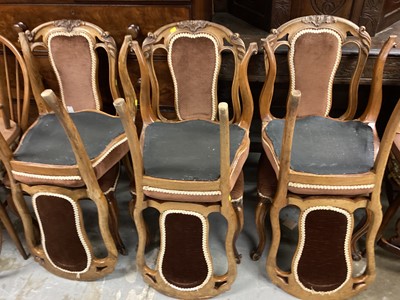 Lot 1386 - Set of six Victorian carved walnut dining chairs with upholstered seats and backs on cabriole front legs