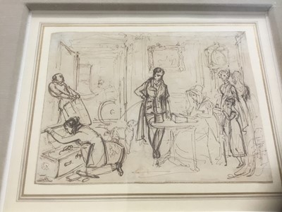 Lot 264 - English School, circa 1920, pen and ink, sketch of figures in an interior, 13 x 16cm, glazed frame