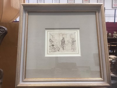 Lot 264 - English School, circa 1920, pen and ink, sketch of figures in an interior, 13 x 16cm, glazed frame