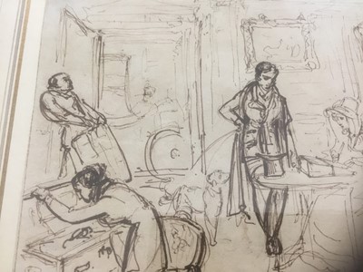 Lot 264 - English School, circa 1920, pen and ink, sketch of figures in an interior, 13 x 16cm, glazed frame