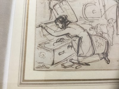Lot 264 - English School, circa 1920, pen and ink, sketch of figures in an interior, 13 x 16cm, glazed frame
