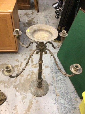 Lot 723 - Heavy turned brass column ashtray stand with four candle sconces, 79 cm high