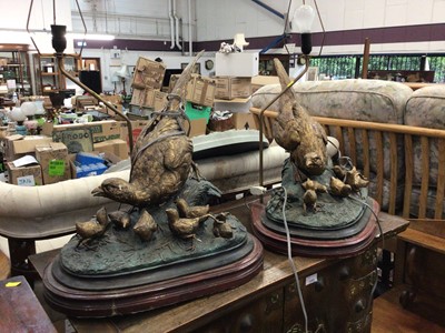 Lot 724 - Pair of cast metal table lamps depicting a pheasant and chicks, on wooden plinths