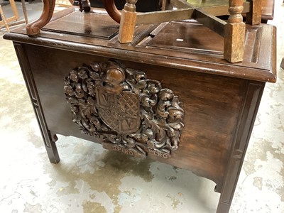 Lot 1390 - Late Victorian oak coffer with carved knight and shield decoration to the front, 103cm wide, 48cm deep, 76.5cm high