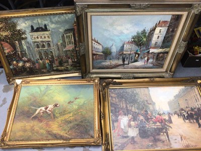 Lot 455 - Quantity of pictures and prints including large oils on canvas of street scenes, watercolour landscapes etc