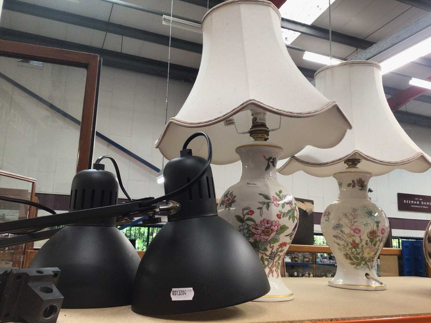 Lot 464 - Pair of wall mounted anglepoise lamps, two Aynsley ceramic lamps with shades and a pottery lamp (5)