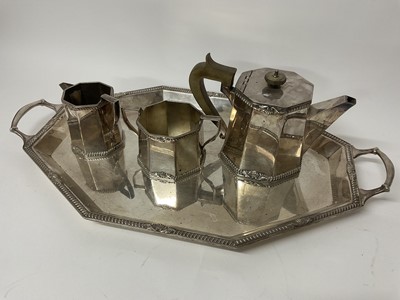 Lot 284 - Early 20th century silver plated three piece teaset on twin handled tray