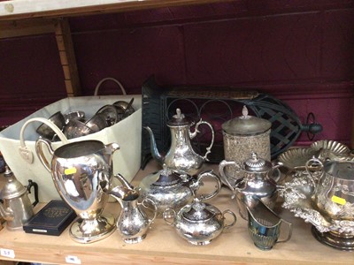 Lot 729 - Selection of plated ware including tea set, shell pattern dish, ice bucket and metal wine bottle rack