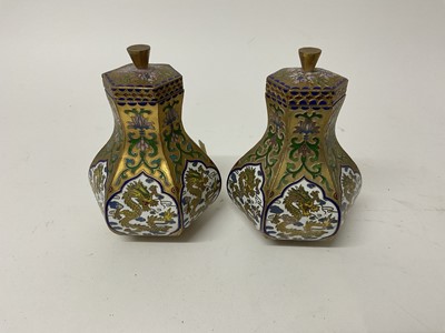 Lot 286 - Pair of Oriental cloisonne small angular vases and covers, 12cm high