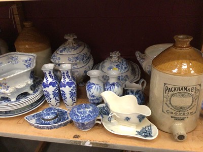 Lot 730 - Selection of blue and white china including tureen, soup bowl, vases , cats and two salt glazed jars