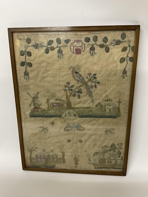 Lot 287 - 18th century needlework, with scattered foliate, landscape and animal reserves, in glazed frame, 41 x 30cm