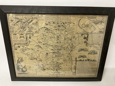 Lot 280 - After John Speede: 17th century engraved map of Hartfordshire, uncoloured, Hartford shire described the situations at Hartford and the most ancient town of St Albans with such memorable actions as...